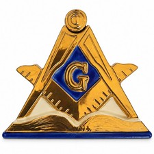 LARGE Vintage 1971 Masonic Freemason Ceramic Whiskey Decanter Gold Blue RARE picture