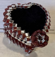 Vtg Prison Art/Folk Folded Paper/Gum Wrapper Heart Shaped Trinket Box Silver Red picture