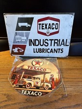 2-VINTAGE TEXACO INDUSTRIAL LUBRICANTS METAL SIGN 8x12”+8”DIA. TEXACO GAS STATIO picture