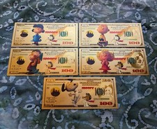 5 pc 24k Gold Foil Plated Peanuts Charlie Brown Snoopy Banknote Set.  Mint picture
