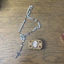 Vintage  Catholic Brass Rosary Trinket Box With Red Stones  + Rosary picture