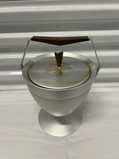 Vintage Mirro Medallion Aluminum Bullet Ice Bucket Teak Tripod Atomic MCM 1950s picture