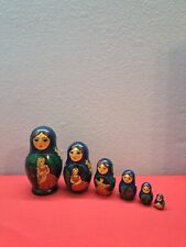 1994 Vintage Set of 6 Blue Floral  Russian Nesting Dolls Hand Painted Wood 6