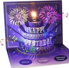 3D Pop Up Birthday Card Fireworks Cake Lights MusicSoundwithNoteTag for Mom Wife picture
