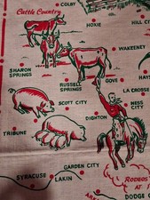 Vintage 50s Tablecloth Pictorial Map Kansas Cactus cloth 51X47 BUSY Pumpkins picture