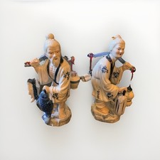 CHINESE PORCELAIN FISHERMAN COUPLE FIGURINES STATUES LOT 2 HAND PAINTED 15