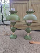 Vintage 1960s Avacado Green W/ Gold Accents Tole Hurricane Table Desk Lamps picture