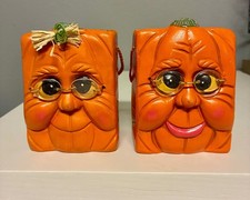 Anthropomorphic Vintage Ceramic Pumpkin Head Paper Bag  Fall Decor Set of 2 picture