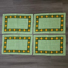 Vintage Green Irish Linen Burlap Daisy Placemats Set of 4 Retro Floral MCM picture