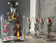 Antique OOAK Decanter Cordial  Glasses Hand Painted Bohemian Dutch Folk Art Set picture