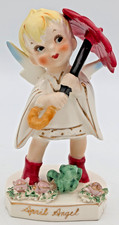 Vtg 1950s Lefton April Boy Angel Figurine 556 Umbrella Frog Red Foil Label MINT picture