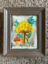 Vintage 70s psychedelic mushroom Crewel Embroidery Framed Needlepoint Hippie  picture
