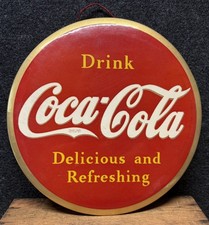 Vtg 1938 Drink Coca-Cola Delicious & Refreshing Celluloid 9” Sign Rare Soda Pop picture