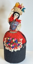 Vintage Portuguese Folk Art Doll Trinket Box Embroidered Basket Lady 7” picture