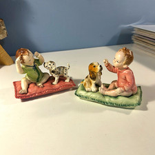 Vintage Liberati Italian Porcelain Figurines Pair Baby & Puppies Pillows Italy picture