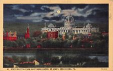 Harrisburg PA-Pennsylvania State Capitol Fort Washington Night Linen Postcard L5 picture