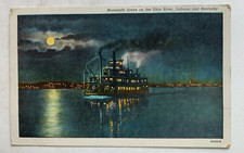 c 1930s IN Postcard Indiana and Kentucky Moonlight Scene on Ohio River steamship picture