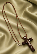 Silver Tone Crucifix INRI Zinc Alloy and Wooden Pendant with 28 Inch Cord picture