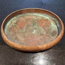 Vintage Hammered Copper Bowl with a Rustic Green Verdigris Patina 12”x9”x 2.5” picture