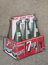 VINTAGE 1950'S 7 UP POP SODA SIX PACK CRATE PORCELAIN SIGN  9