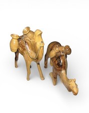 Vtg Camel Figurine Set Of 2 Hand Carved Olive Wood Rustic Nativity Caravan picture