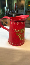 Hand-Painted Painted Metal Floral Pitcher Jug, Red, Handle & Pour Spout picture