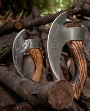 VIKING HANDMADE PIZZA CUTTER AXE WOOD HANDLE | W/ LEATHER SHEATH STAINLESS STEEL picture