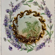Vintage 1960s Brooch Gold Filigree Bisque Like Painted Palms & Snakes (J127) picture