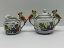 Rare Vtg Tashiro Shoten porcelain HandPainted Parrots  Creamer & Sugar Bowl Set picture