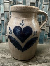 Vintage 1987 Rowe Pottery Works 9” Salt Glazed Stoneware Cobalt Crock w Handle picture