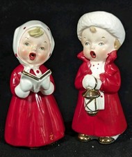 Vtg MCM Ceramic Christmas Caroler Pair Boy & Girl Open-Mouthed Japan Arnart 50s picture