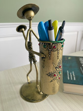 Antique Mother & Child Metal Pen Holder Vintage Charm Meticulously Crafted Piece picture