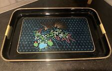 Vintage TOYO Japan Serving Tray Black Pink Green Floral Lacquer Ware. picture