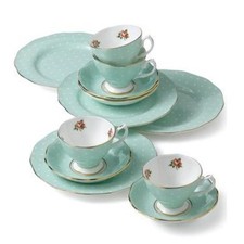 450$ Royal Albert Polka Rose Entertaining 12 Piece Set Aqua Green White picture