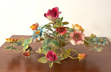 Vtg Italian Toleware Center Piece Metal Flowers 18x9 Hand Painted 50-60s-NO DUTY picture
