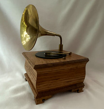 Miniature Wooden Gramophone Phonograph with Brass Horn picture