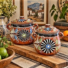 Rare Cobalt Blue 1920s Tlaquepaque Lidded Pot & Green 1940s Lidded Pot-Set picture