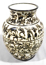 Vintage Vietnamese Ecole Bien Hoa Figural Vase Water Buffalo Human Scene c1930 picture