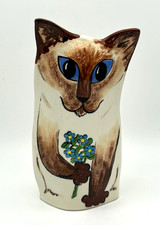 VTG Cats by Nina Hand Painted Ceramic Vase ~ Blue Eyed Siamese Holding Bouquet picture