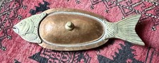 Vintage Hammered Copper & Brass Fish Shaped Lidded Serving Dish 2pc Set picture