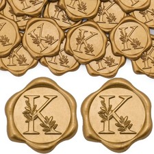 SWANGSA 50 Pack Letter K Wax Seal Stickers - Antique Gold Botanical Leaves In picture