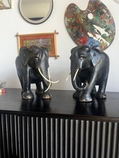 LARGE 6.7kg  PAIR OF  EBONISED HAND CARVED WOODEN ELEPHANTS picture