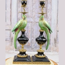 CANDLE HOLDERS BRONZE PAIR PORCELAIN PARROT MOUNTED Candlesticks Birds Decor Art picture