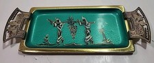 VTG LOVLY JUDAICA Green ENAMELED BRASS FRUITS CANDY FOOTED DISH BOWL MADE ISRAEL picture