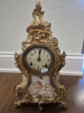 Antique Ansonia Co NY Rococo Style Gilt Metal Porcelain Cherub Mantle Clock picture