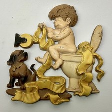 Vintage 1976 Sexton Metal Bathroom Wall Plaque Boy & Dog Wall Hanger USA picture