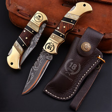 Handmade Personalized Damascus Copper Pocket knife with Brass Stone Bone Handle picture