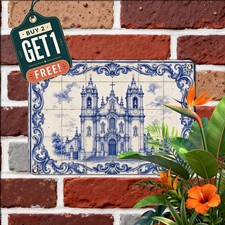 Portuguese Ceramic Azulejo Metal Sign Vintage Blue White Porcelain Plaque picture