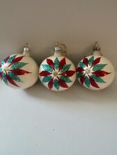 3 Vintage Hand Painted Poinsettia Flower Mica Glass Ball Christmas Ornaments Red picture