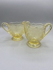ATQ Lancaster Glass Patrick Yellow Sugar Creamer Depression Glass Etched picture